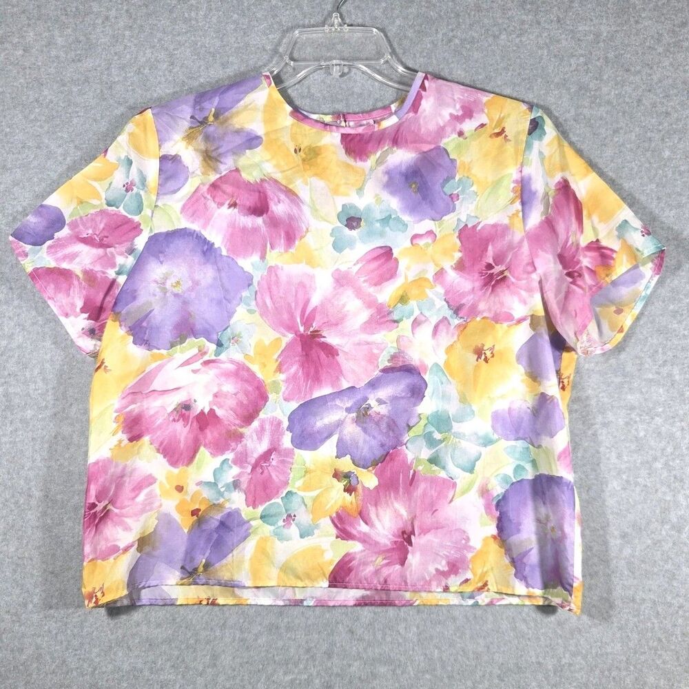 Vtg Blair Boutique Blouse Womens XL Watercolor Floral Top Short Sleeve